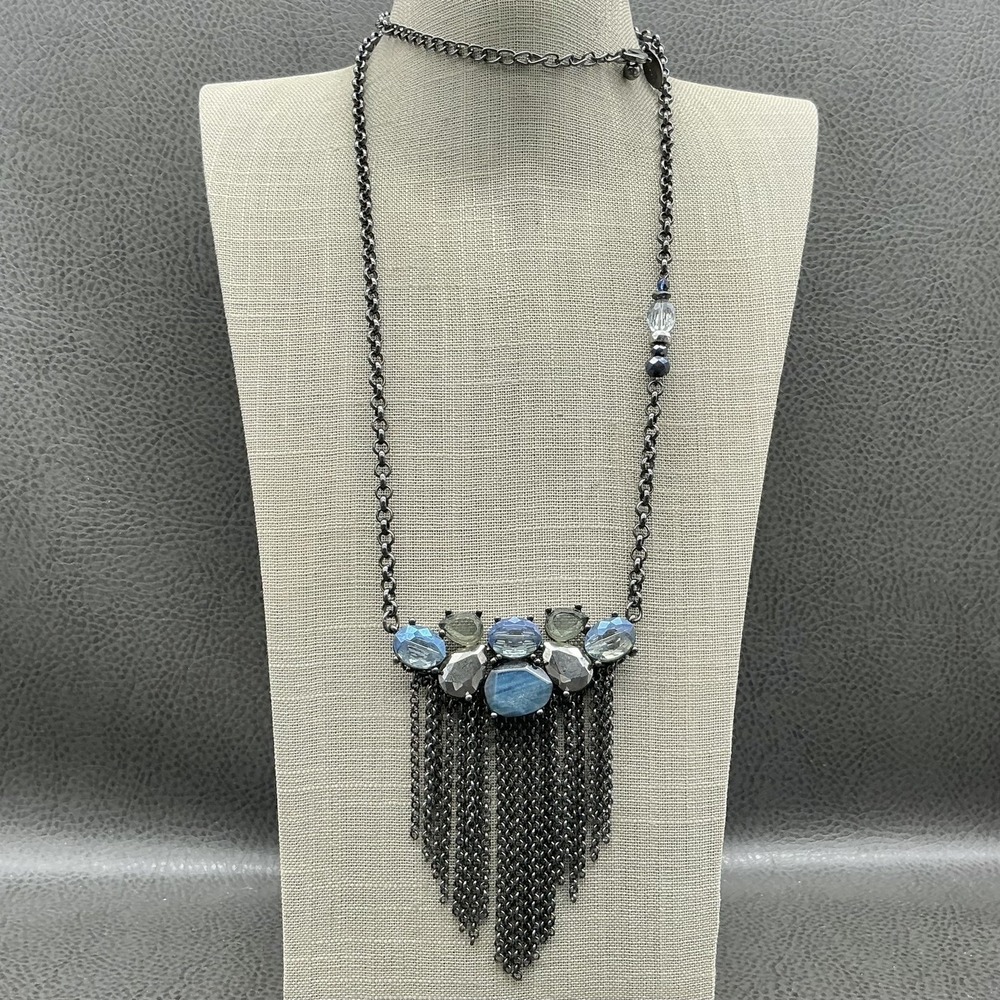 Chicos Necklace Silver Tone Blue Glass Bib Fringe 32 In Womens Statement Jewelry